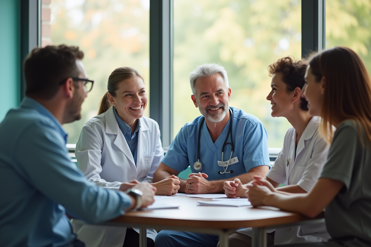Groupe de personnes discutant avec un professionnel de santé en clinique