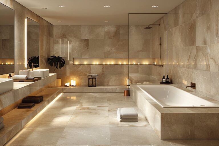 Salle de bain avec carrelage mural jusqu'au plafond et décoration moderne