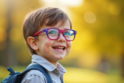Jeune enfant souriant avec lunettes colorées en extérieur