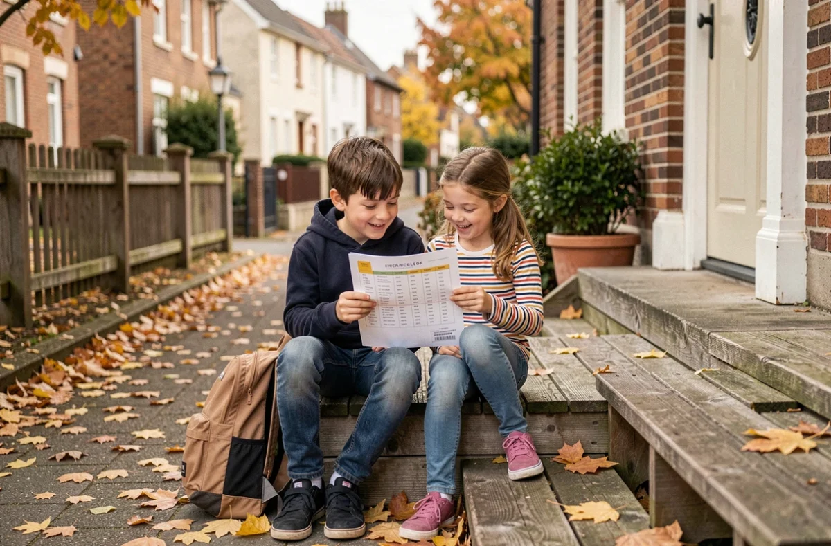 Deux enfants en tenue de rentrée consultant le calendrier des vacances scolaires 2026 sur le perron de leur maison