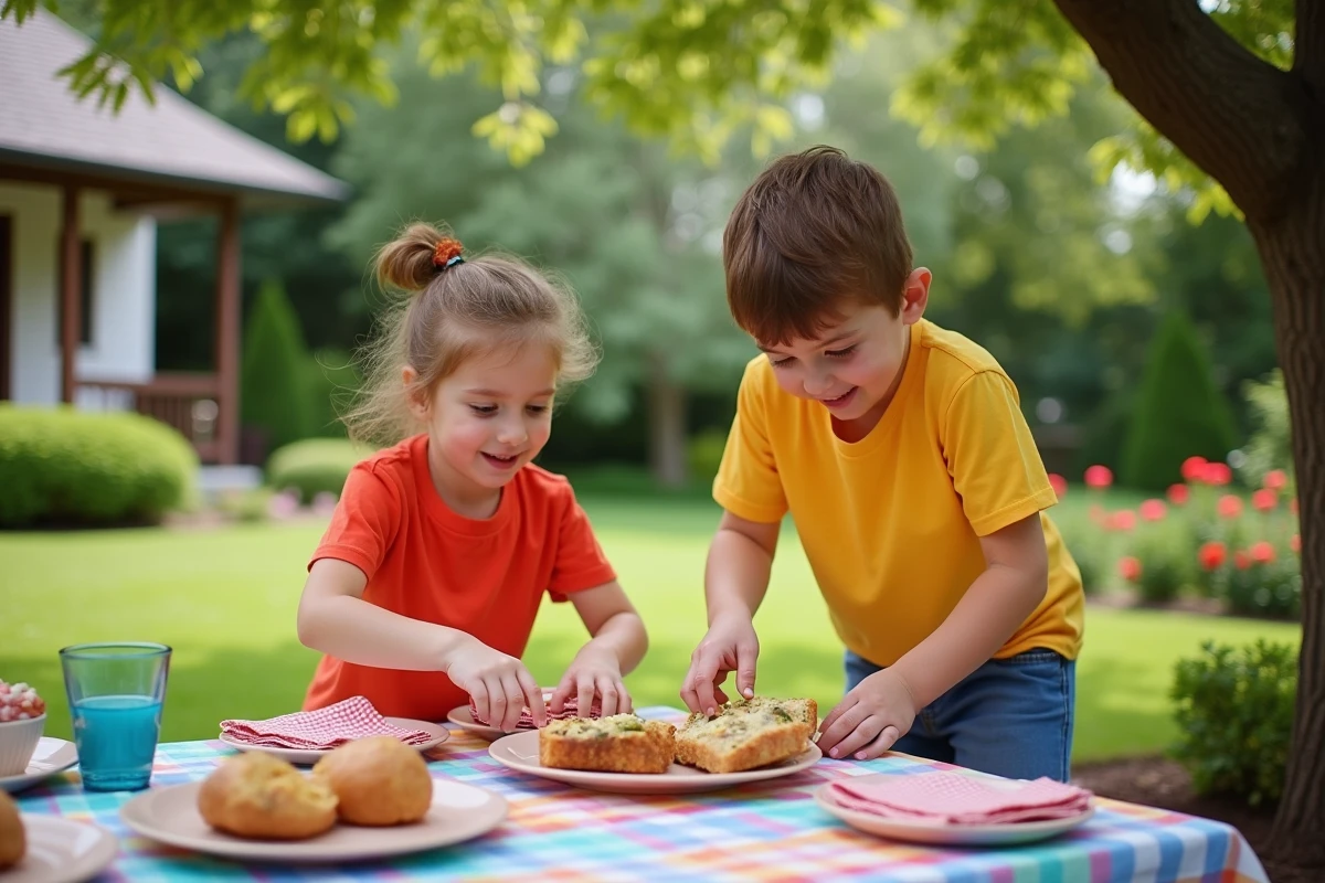 Deux enfants organisant un pique-nique dans le jardin
