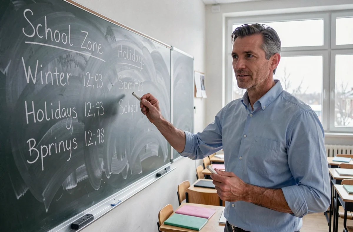 Enseignant devant un tableau de classe avec les dates des vacances d'hiver et de printemps par zone scolaire pour 2026