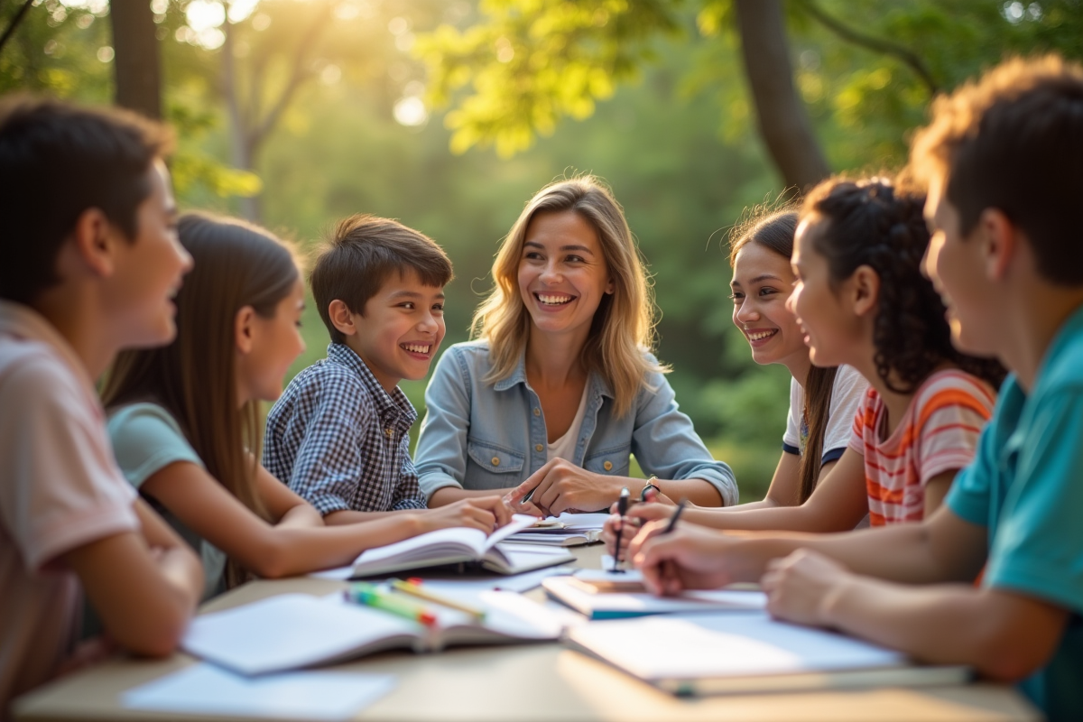 Enseignant et élèves en plein air partageant une activité