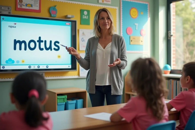 Professeure devant tableau interactif avec élèves attentifs