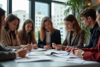 Groupe de professionnels de la mode autour d'un bureau à Paris