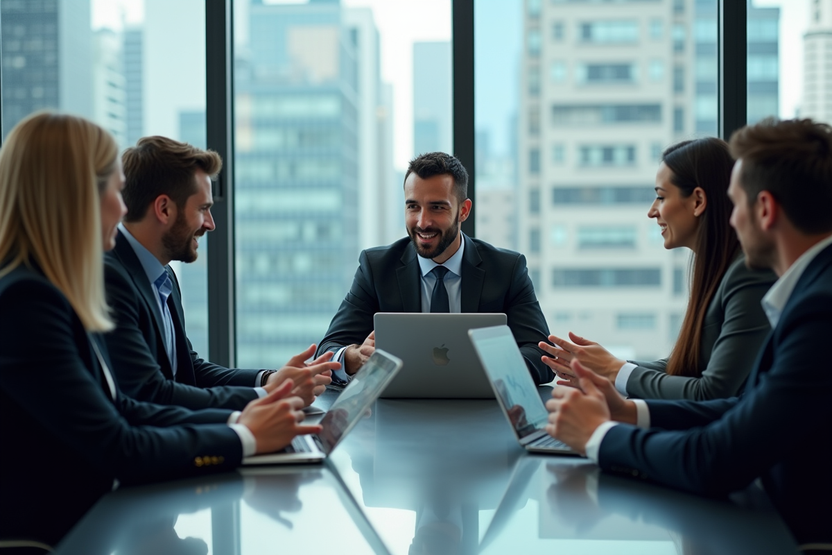 Groupe de professionnels analysant des graphiques numériques en réunion