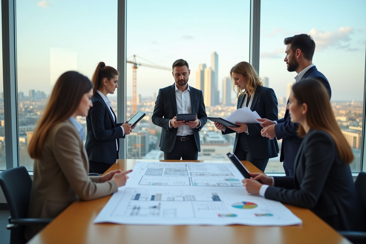 Groupe de professionnels discutant sur un toit urbain