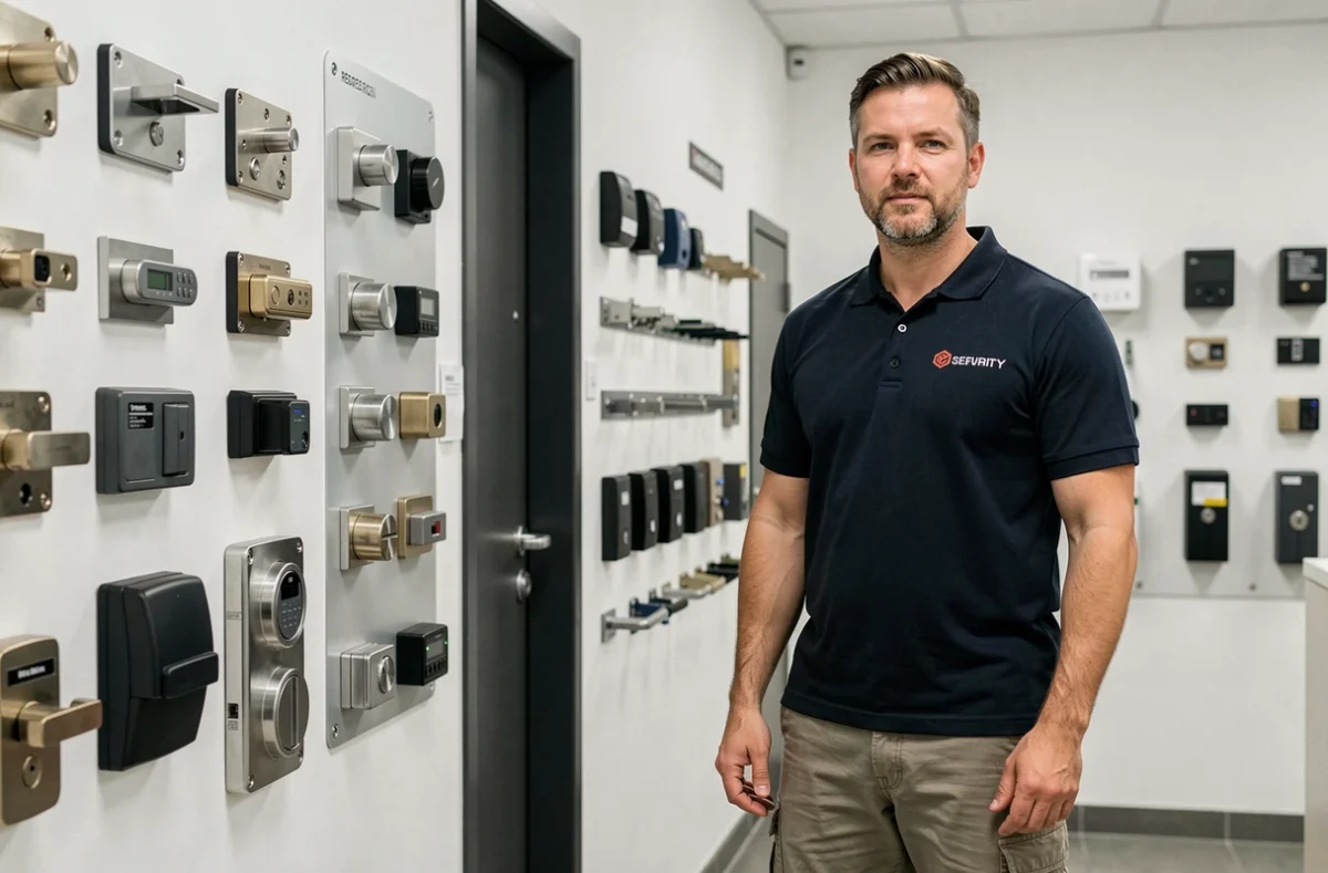 Technicien d'Espace Sécurité présentant des équipements de serrurerie en showroom