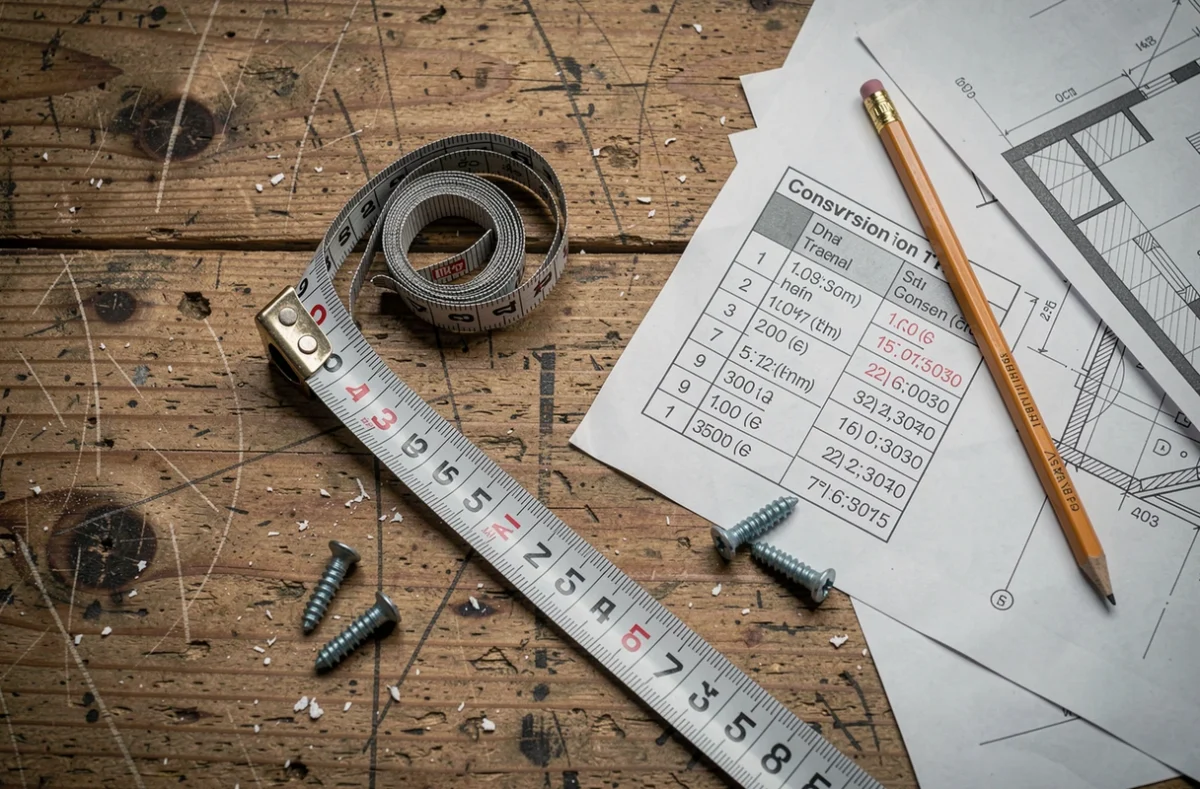 Vue de dessus d'un établi avec mètre ruban affichant pouces et centimètres, tableau de conversion imprimé et plans de bricolage