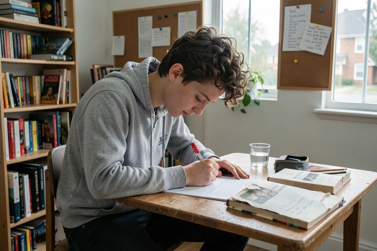 Étudiant annotant un essai littéraire avec un recueil de poèmes de Rimbaud ouvert sur son bureau à la maison