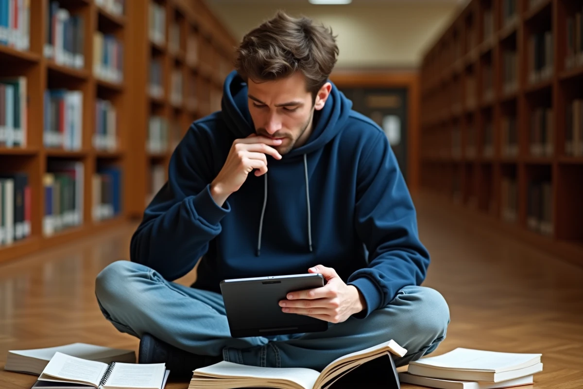 Étudiant en bibliothèque utilisant une application de correction orthographique pour améliorer son français écrit