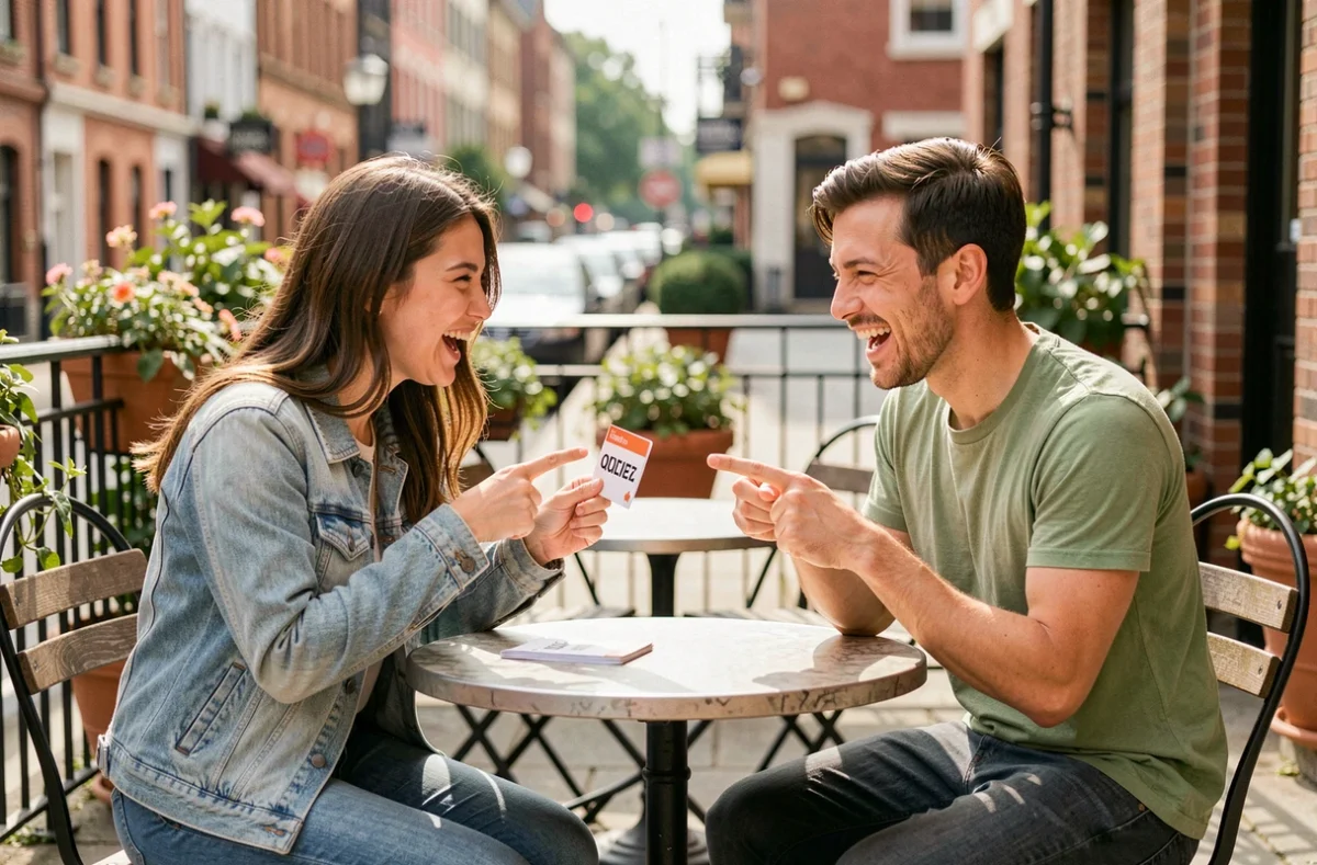 Deux étudiants s'entraînant mutuellement avec des flashcards de quiz sur les capitales en terrasse de café, ambiance détendue et animée