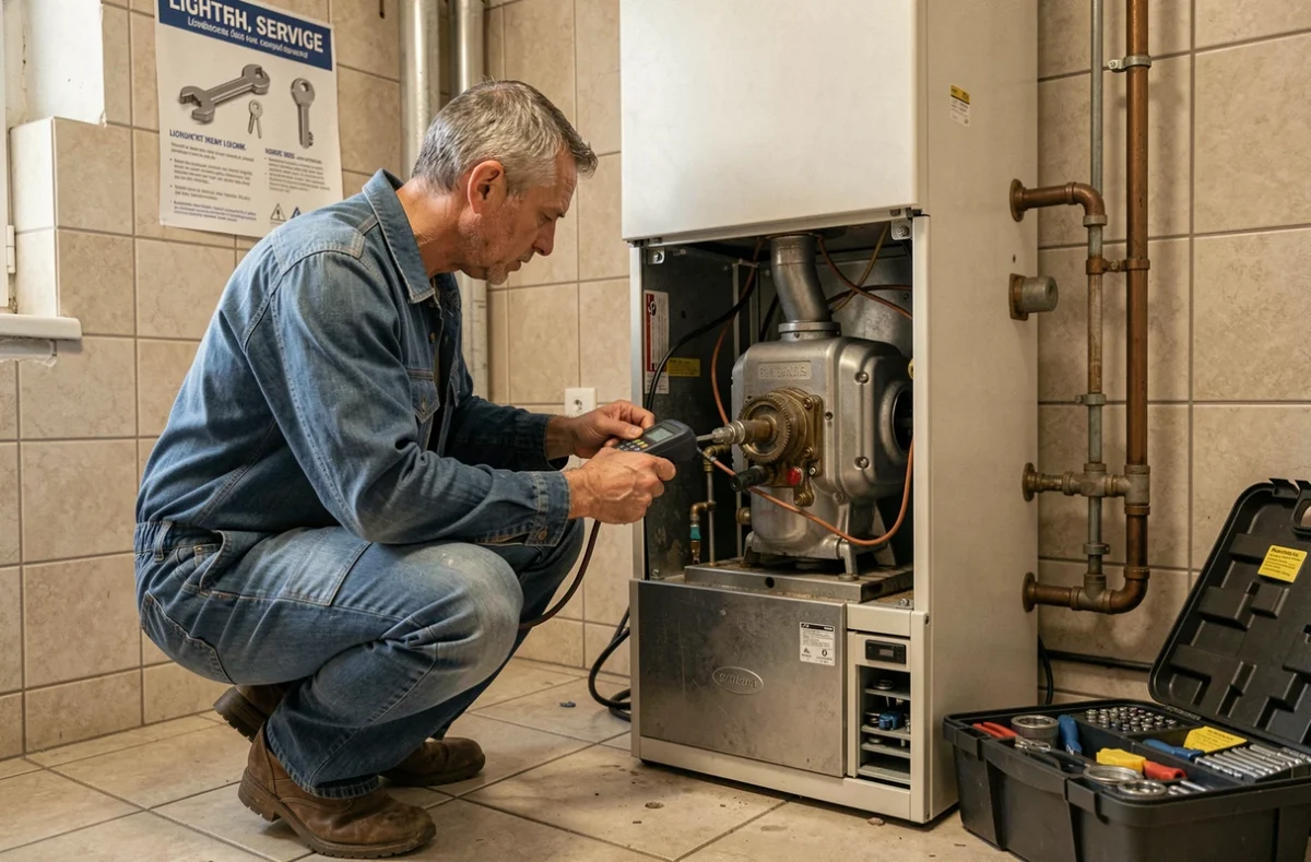 Technicien de l'Eurl Boulay Sav Chauffage en intervention dans une chaufferie résidentielle en Mayenne