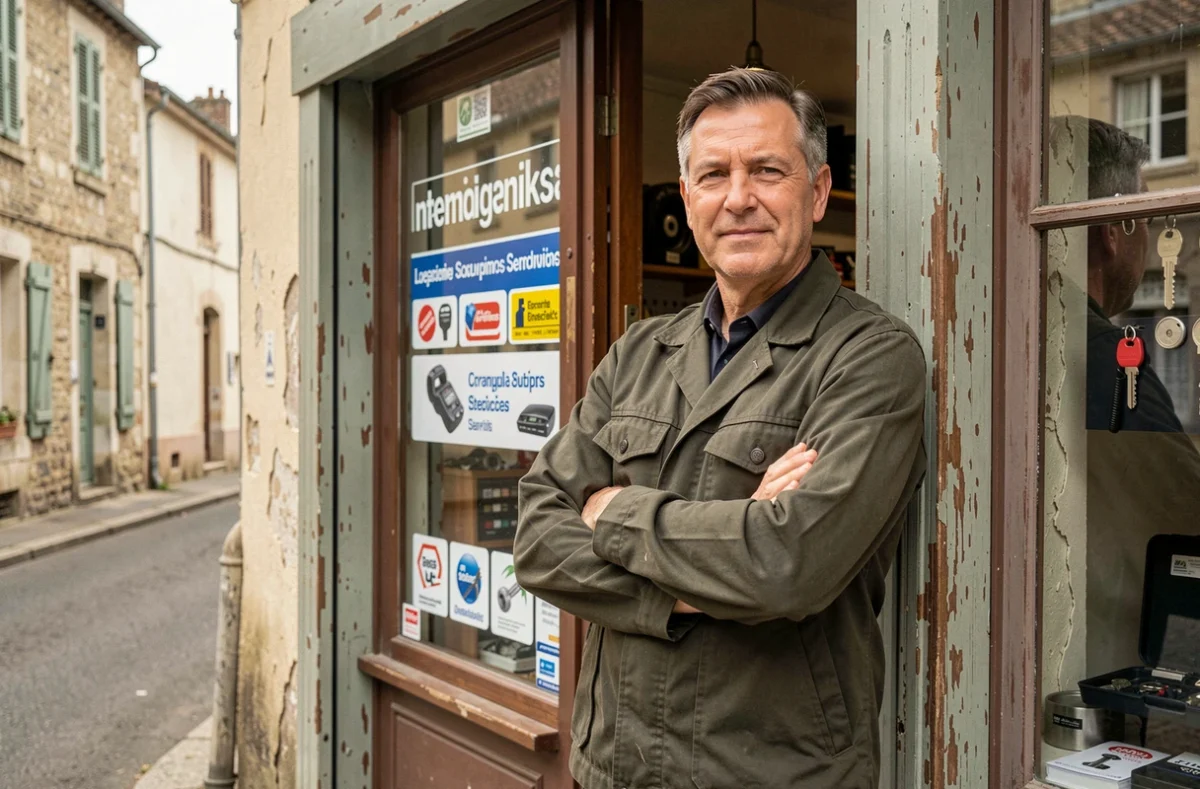 Gérant de l'Eurl Castel devant sa boutique de serrurerie dans une commune de Mayenne