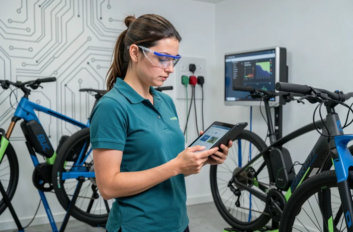 Technicienne diagnostiquant un système de batterie de vélo électrique sur tablette dans l'atelier moderne EVTT Provence à Marseille