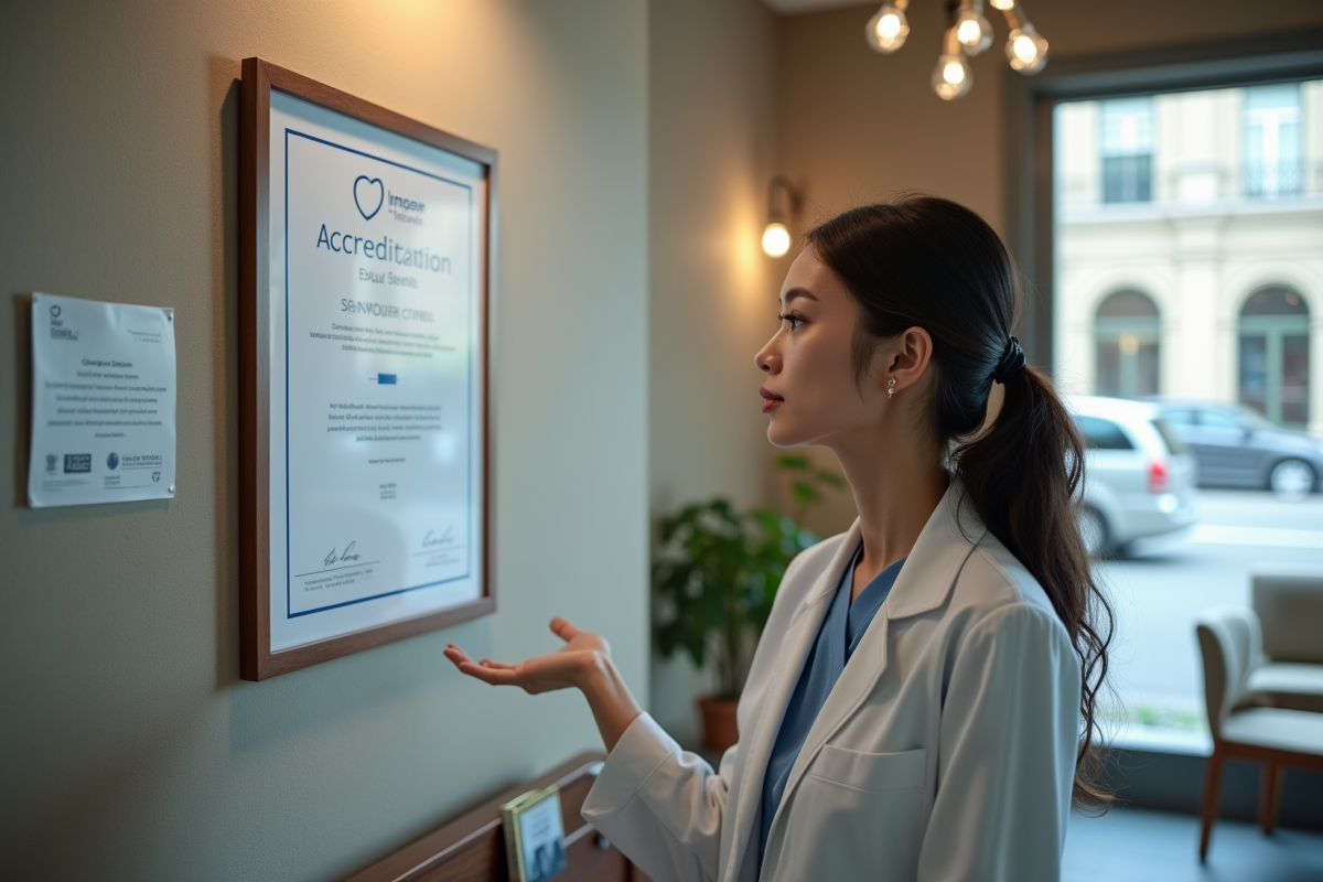 Jeune femme examinant un certificat dentaire dans la salle d