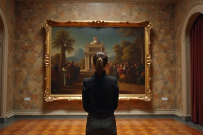 Visiteuse contemplant une peinture classique dans un musée des Beaux-Arts à Lyon