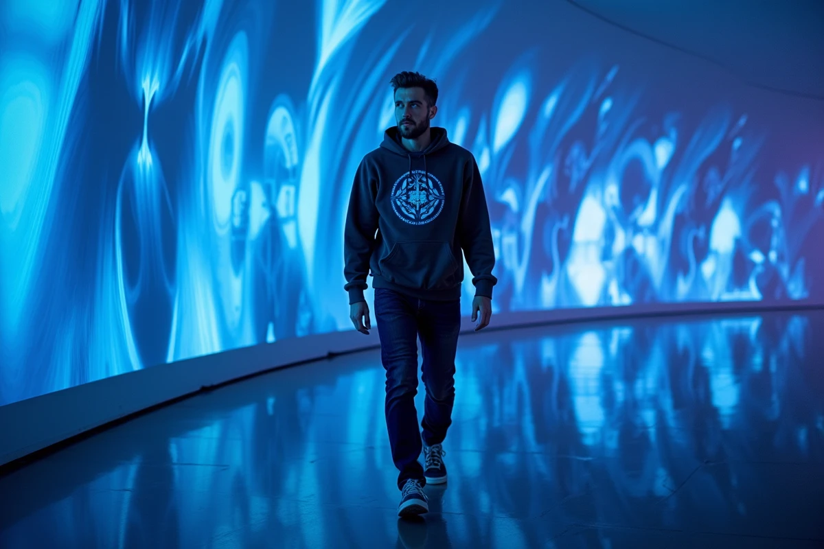 Visiteur immergé dans une installation artistique numérique lors d'une exposition immersive à Lyon