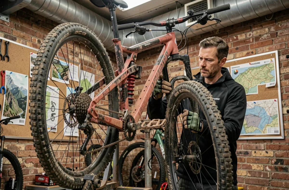 Mécanicien spécialiste VTT travaillant sur un vélo de descente full-suspension dans l'atelier Extreme Bikes à Marseille
