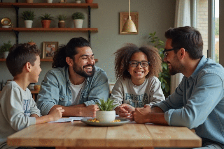 Famille diverse autour d'une table en conversation chaleureuse