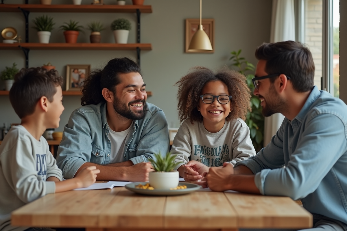 Famille diverse autour d'une table en conversation chaleureuse