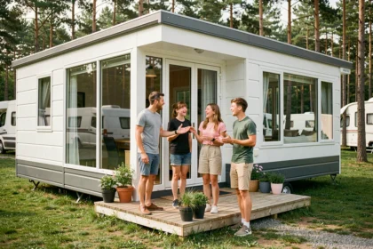 Famille heureuse devant un mobil-home moderne et spacieux dans un camping verdoyant