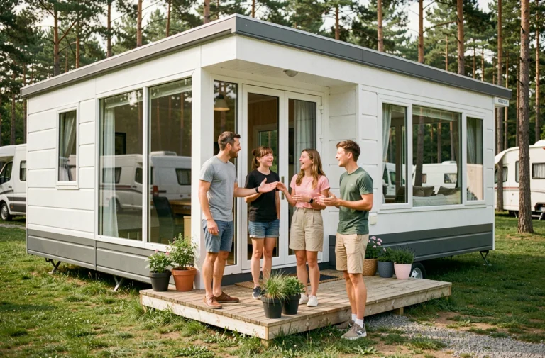 Famille heureuse devant un mobil-home moderne et spacieux dans un camping verdoyant