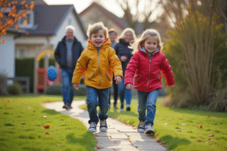 Famille jouant dans un parc de banlieue au printemps