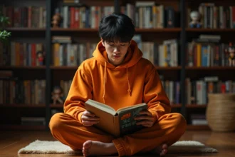 Jeune fan lisant un manga Dragon Ball Z dans son salon décoré de figurines et de volumes de collection