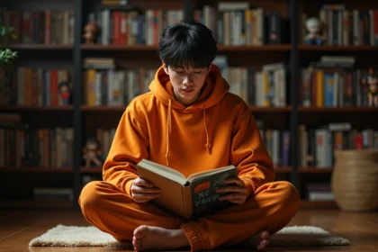 Jeune fan lisant un manga Dragon Ball Z dans son salon décoré de figurines et de volumes de collection
