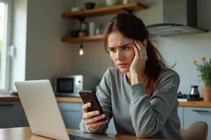 Femme inquiète consultant une annonce sur Le Bon Coin depuis son smartphone à la maison pour annuler un achat