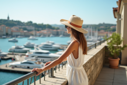 Femme en robe d'été sur balcon avec vue sur le port de Mille