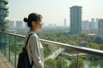 Femme sur balcon d'un ecoappartement avec vue sur une ville verte