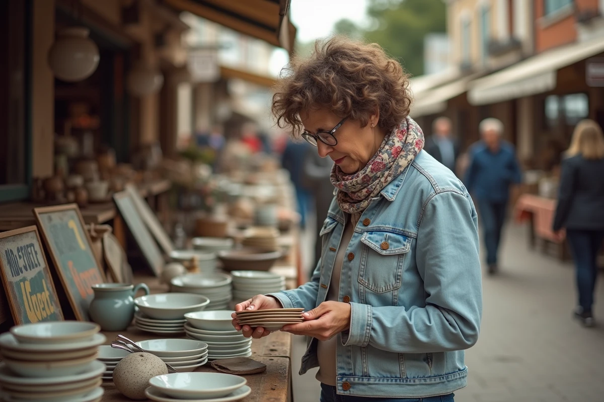 Femme examine des céramiques vintage dans un marché en Lorraine