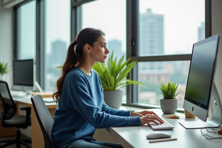 Jeune femme concentrée travaillant sur son ordinateur dans un bureau lumineux