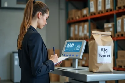 Jeune femme au bureau utilisant une balance digitale et notant
