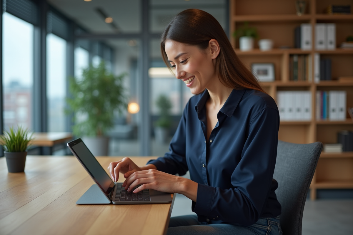 Femme professionnelle utilisant une tablette dans un bureau moderne