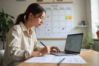 Femme consultant un calendrier papier pour compter les semaines dans une année, assise à un bureau en bois avec un ordinateur portable