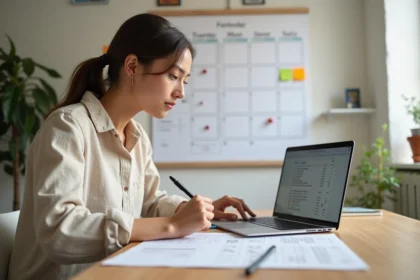 Femme consultant un calendrier papier pour compter les semaines dans une année, assise à un bureau en bois avec un ordinateur portable