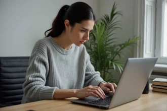 Femme tapant au clavier en cherchant comment écrire un È majuscule avec accent grave sur son ordinateur portable