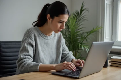 Femme tapant au clavier en cherchant comment écrire un È majuscule avec accent grave sur son ordinateur portable