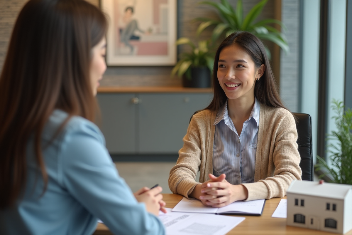 Femme en blouse discutant avec conseiller en agence immobiliere