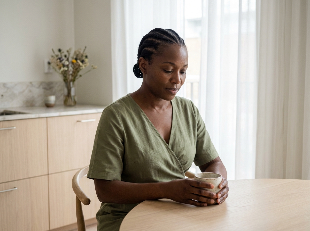 Femme noire aux cornrows assise à une table de cuisine moderne tenant une tasse de café, atmosphère matinale détendue et naturelle