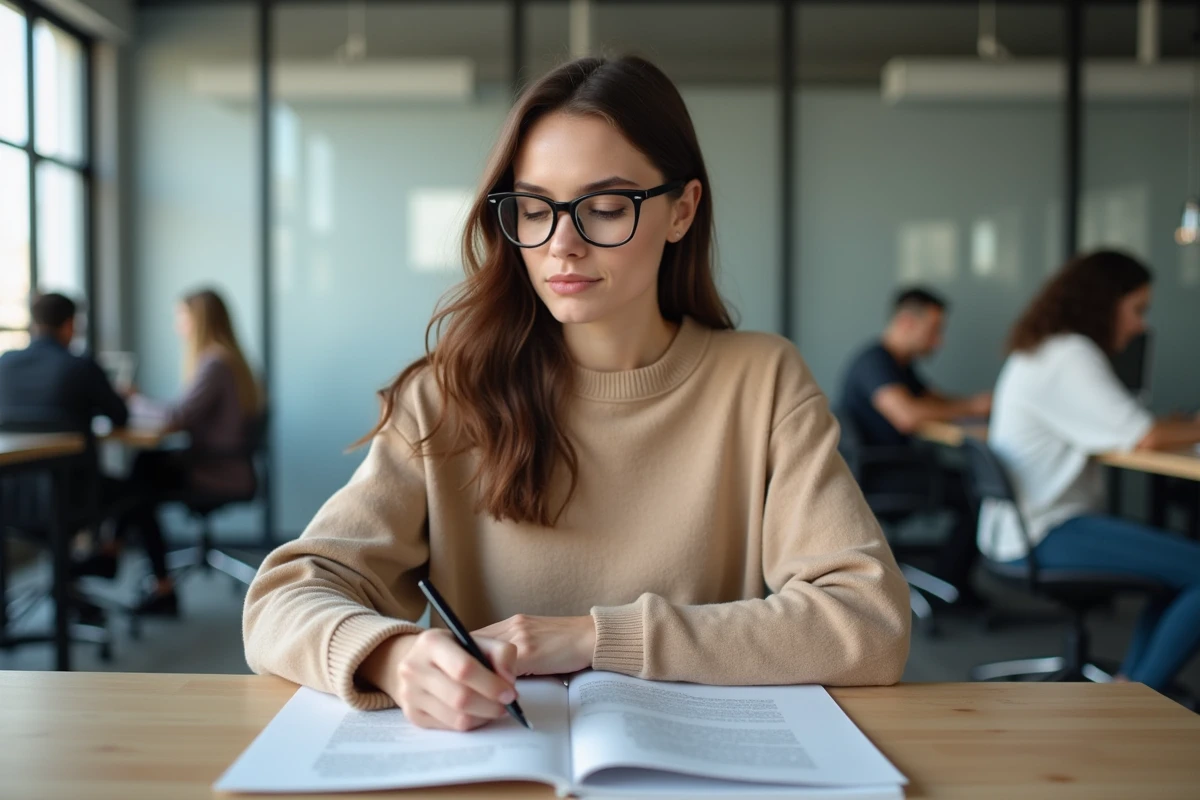Jeune femme comparant notes dans un espace de coworking
