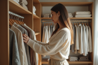 Femme élégante dans un dressing organisé et lumineux