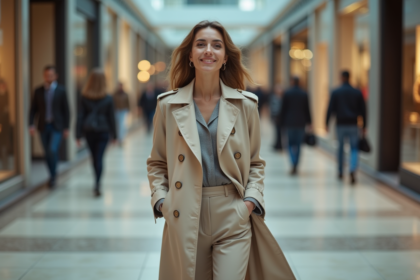 Femme élégante en trench et pantalon dans un centre commercial