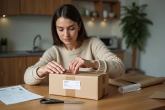 Femme emballant un colis de retour avec du ruban adhésif et une étiquette La Poste sur une table en bois