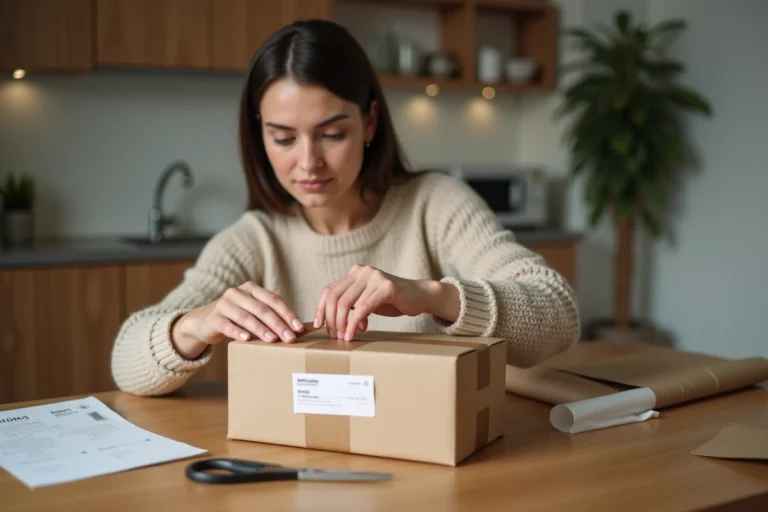 Femme emballant un colis de retour avec du ruban adhésif et une étiquette La Poste sur une table en bois