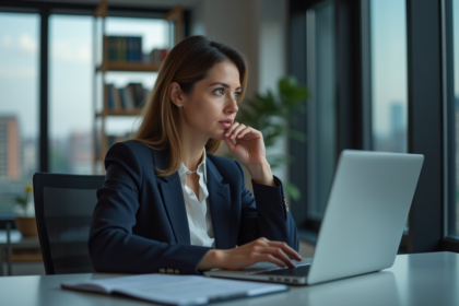 Femme d affaires pensant devant un graphique digital