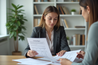 Femme professionnelle examine des rapports dans un bureau calme